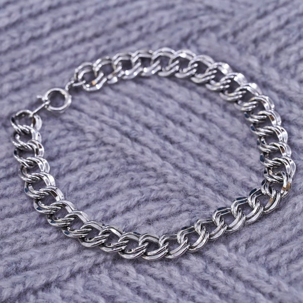 6.75", 8mm, vintage Sterling silver handmade charm bracelet, 925 double curb link chain, stamped Sterling