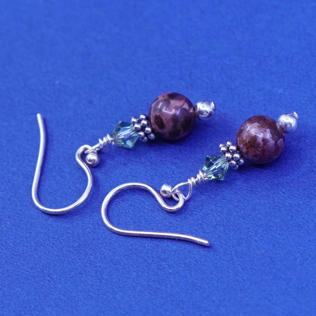 Vintage Sterling Silver Handmade Stud Earrings, 925 Hooks With Jasper