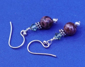 Vintage Sterling silver handmade stud earrings, 925 hooks with jasper beads , stamped 925