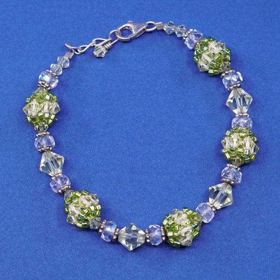 7”, vtg sterling silver handmade bracelet, 925 w/ green crystal beads View 2