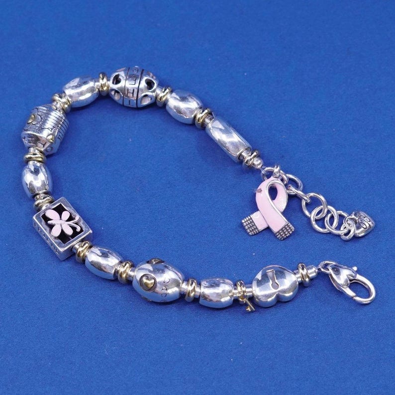 6.25+1”, vtg Brighton B Silver Tone bracelet, with heart charm “sister, mother image 5