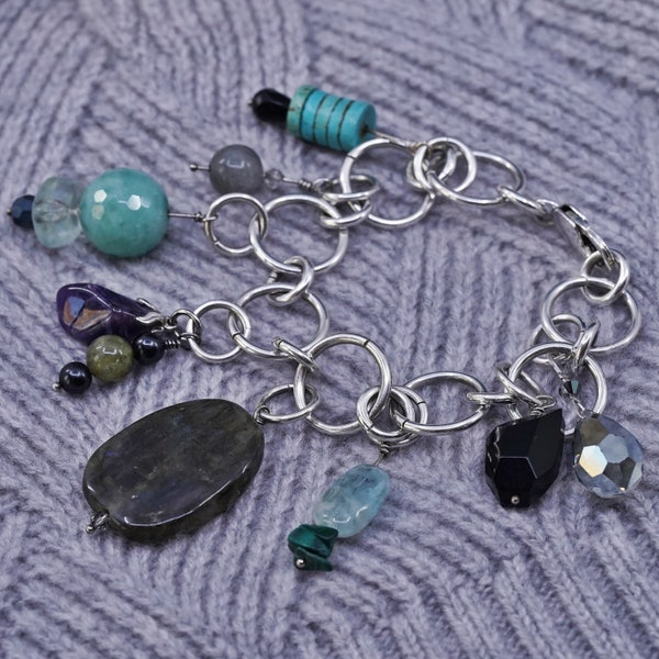 6.5", vintage Sterling silver handmade bracelet, 925 huge circle link chain with turquoise labradorite amethyst chalcedony charms, stamped 9