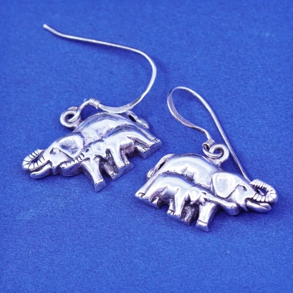 Vintage SC Sterling Silver handmade Earrings. 925 mother baby elephants, stamped 925 SC