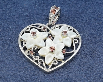 vtg sterlingzilveren handgemaakte hanger, 925 hart met parelmoer bloemrobijn
