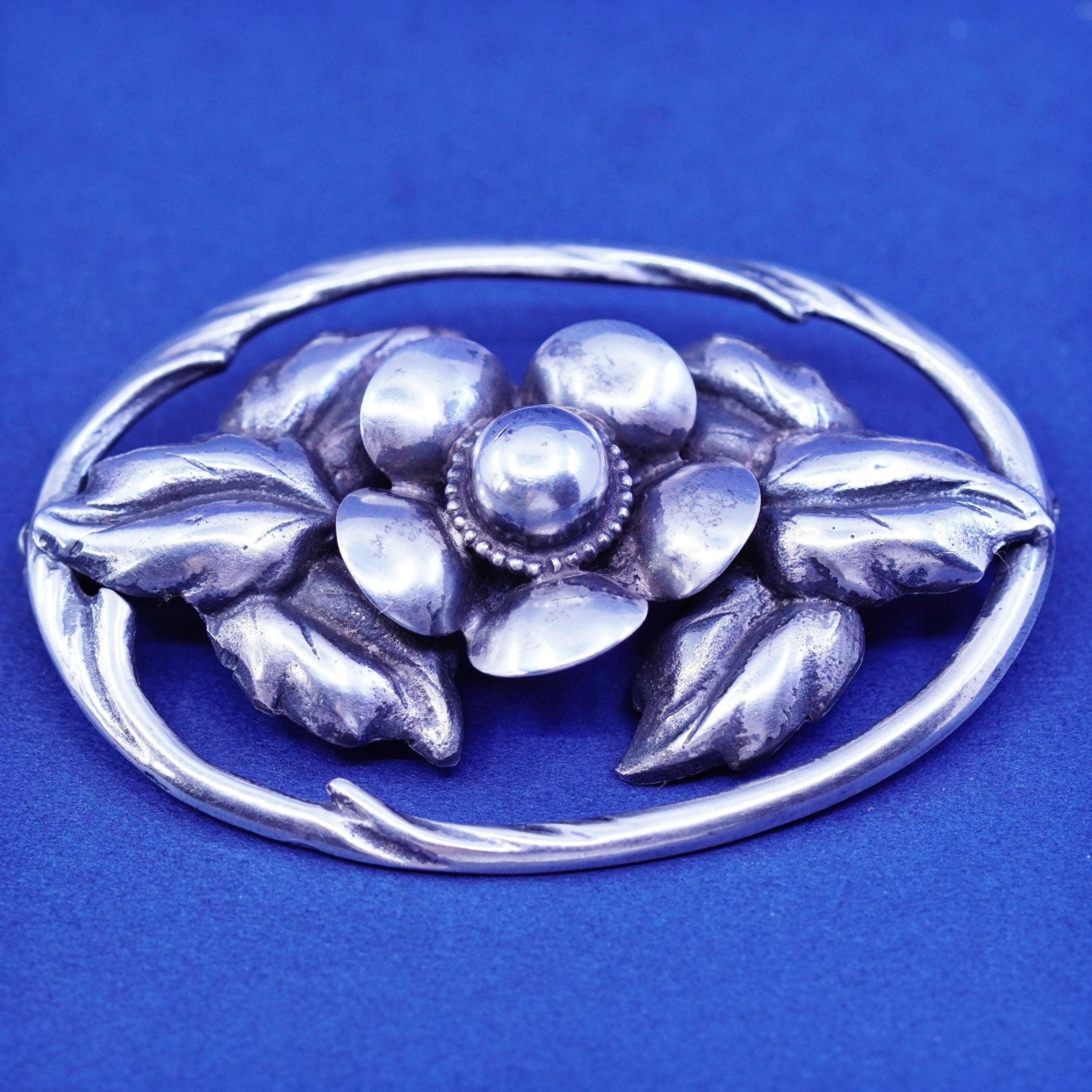 Vintage Sterling 925 Silver Floral Handmade Brooch, Oval Flower