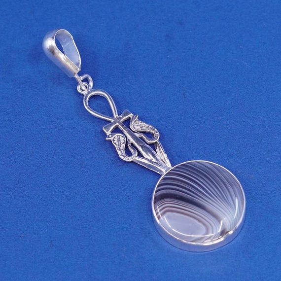 vtg sterling silver handmade pendant, 925 snakes w/ lace agate View 4