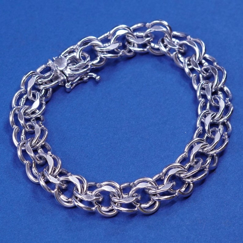 530151 12mm Sterling silver handmade charm bracelet solid 925 silver double curb link chain vintage stamped sterling 6.75