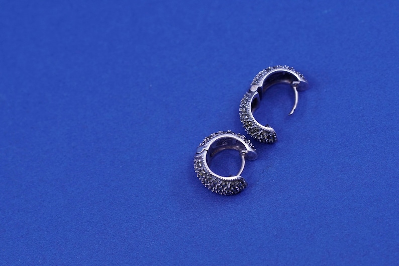 Stamped 925 JJ 0.5\u201d huggie 925 hoops with marcasite vintage Judith Jack Sterling silver handmade earrings