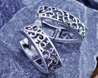 1”, Vintage Sterling silver handmade earrings, V 925 filigree hoops Huggie