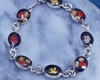 7.75”, vintage Sterling 925 silver handmade tennis bracelet with floral resin
