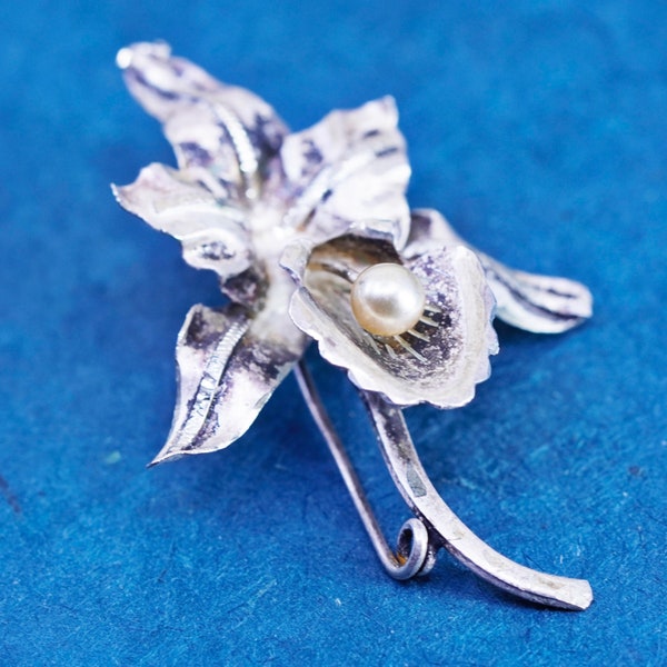 Vintage Mexico Sterling 925 Silver handmade Orchid Flower Brooch pin with pearl, silver tested