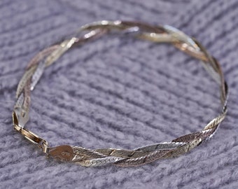 7" 7mm, vintage gold over Sterling silver handmade bracelet, 925 woven braided herringbone chains, stamped 925 Italy