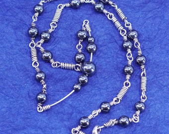 18”, vintage Sterling silver handmade necklace, 925 wired chain with hematite beads, stamped 925