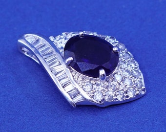 Vintage sterling 925 silver handmade pendant with oval sapphire and cluster Cz around, stamped 925