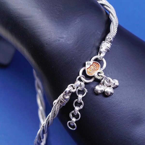 11.5", 6mm, vintage (530073) Sterling silver handmade ankle bracelet, solid 925 silver belly dancer anklet, twisted snake chain with chime c