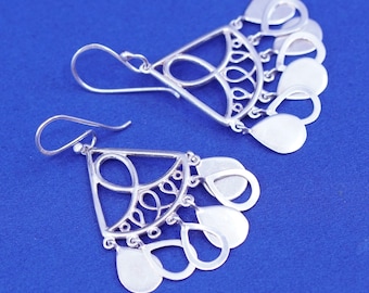 Vintage Sterling silver handmade earrings, 925 filigree cluster teardrops dangles, stamped 925