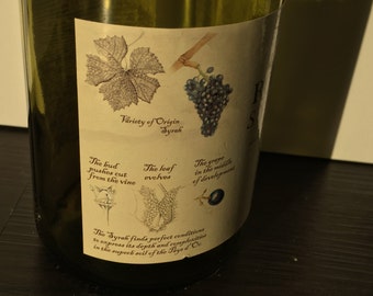 Puede incluir: Un primer plano de una etiqueta de botella de vino con una ilustración detallada de una vid y uvas. La etiqueta presenta el texto "Variety of Origin Syrah" y describe las etapas de crecimiento de la uva Syrah.