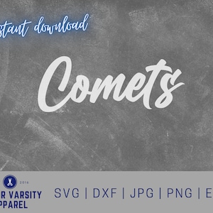May include: White text on a gray background that reads "Comets" in a cursive font. Below the text is a logo that reads "Junior Varsity Apparel" with the text "EST 2016" and a pair of scissors. Below the logo is the text "SVG | DXF | JPG | PNG | EPS".