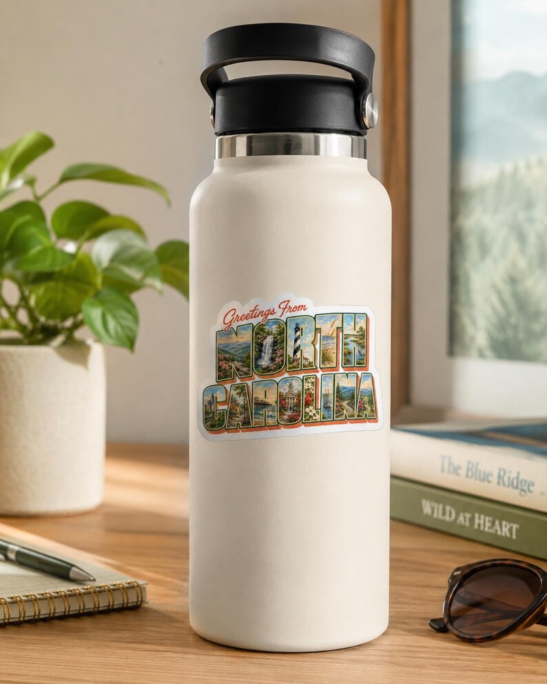 Greetings from North Carolina Vinyl Decal Sticker - North Carolina Vacation - Vintage Postcard - For Laptop, Water Bottle, Gift afbeelding 3