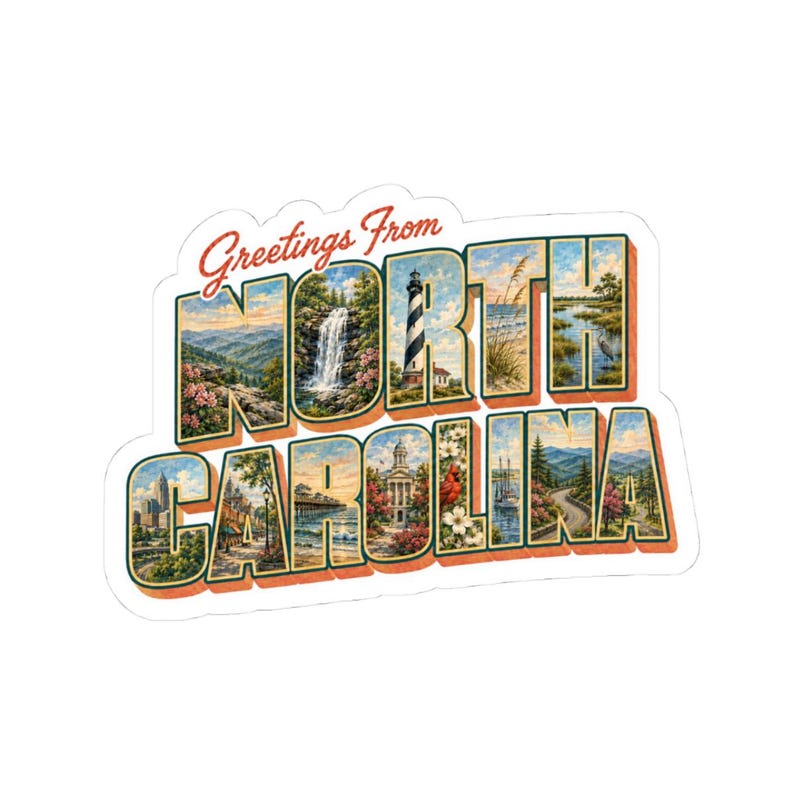 Greetings from North Carolina Vinyl Decal Sticker - North Carolina Vacation - Vintage Postcard - For Laptop, Water Bottle, Gift afbeelding 2