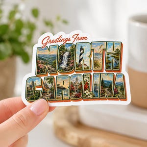 Greetings from North Carolina Vinyl Decal Sticker - North Carolina Vacation - Vintage Postcard - For Laptop, Water Bottle, Gift afbeelding 1