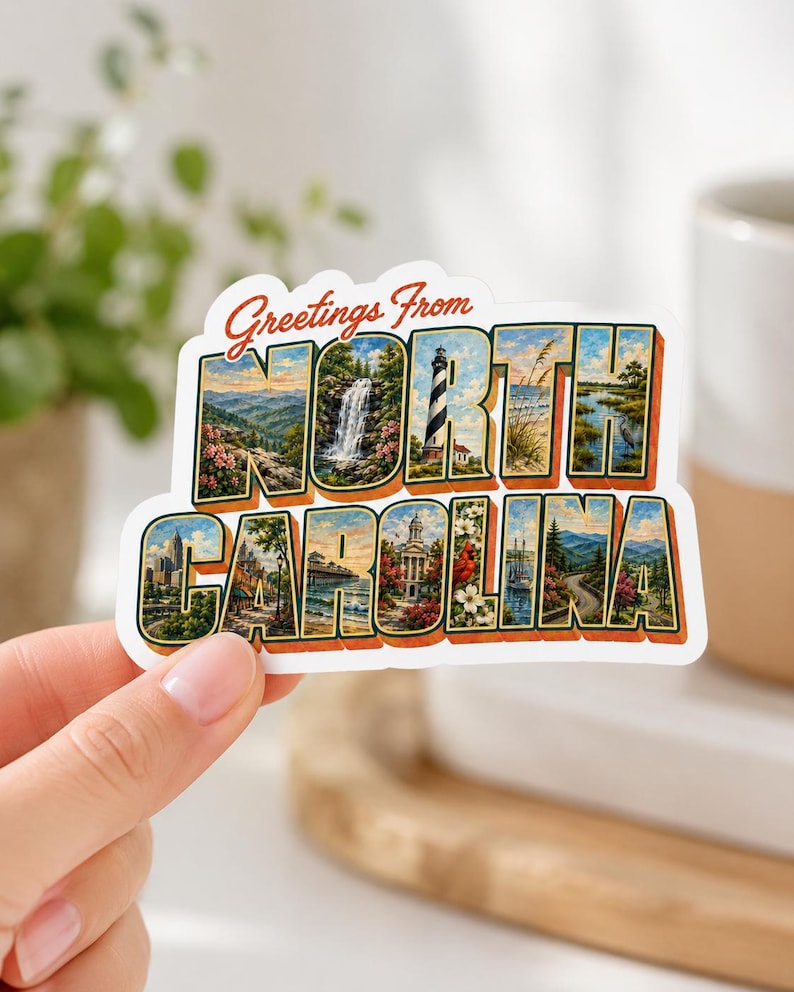 Greetings from North Carolina Vinyl Decal Sticker - North Carolina Vacation - Vintage Postcard - For Laptop, Water Bottle, Gift afbeelding 1