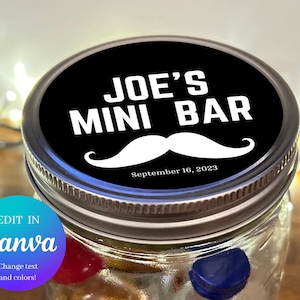 Mustache Mini Bar in a Jar Canva Template, Printable Editable Label Template. Download and Edit ...