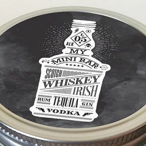 Op de afbeelding: Zwart-witte illustratie van een drankfles met de tekst "Mini Bar" en verschillende soorten alcohol die rond de fles zijn vermeld, waaronder "Scotch", "Whiskey", "Irish", "Tequila", "Vodka", "Rum" en "Gin".
