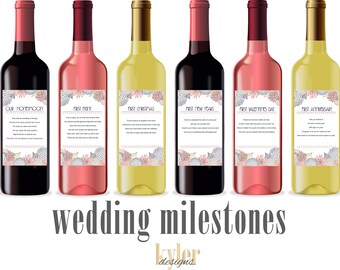 Instant Download Flower Wedding Milestone Wine Labels ~ Unique Wedding Gift and Bridal Shower Gift