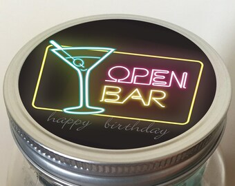 Mini Bar Jar Lid Design: Neon Open Bar, Birthday Gift (Digital Download)