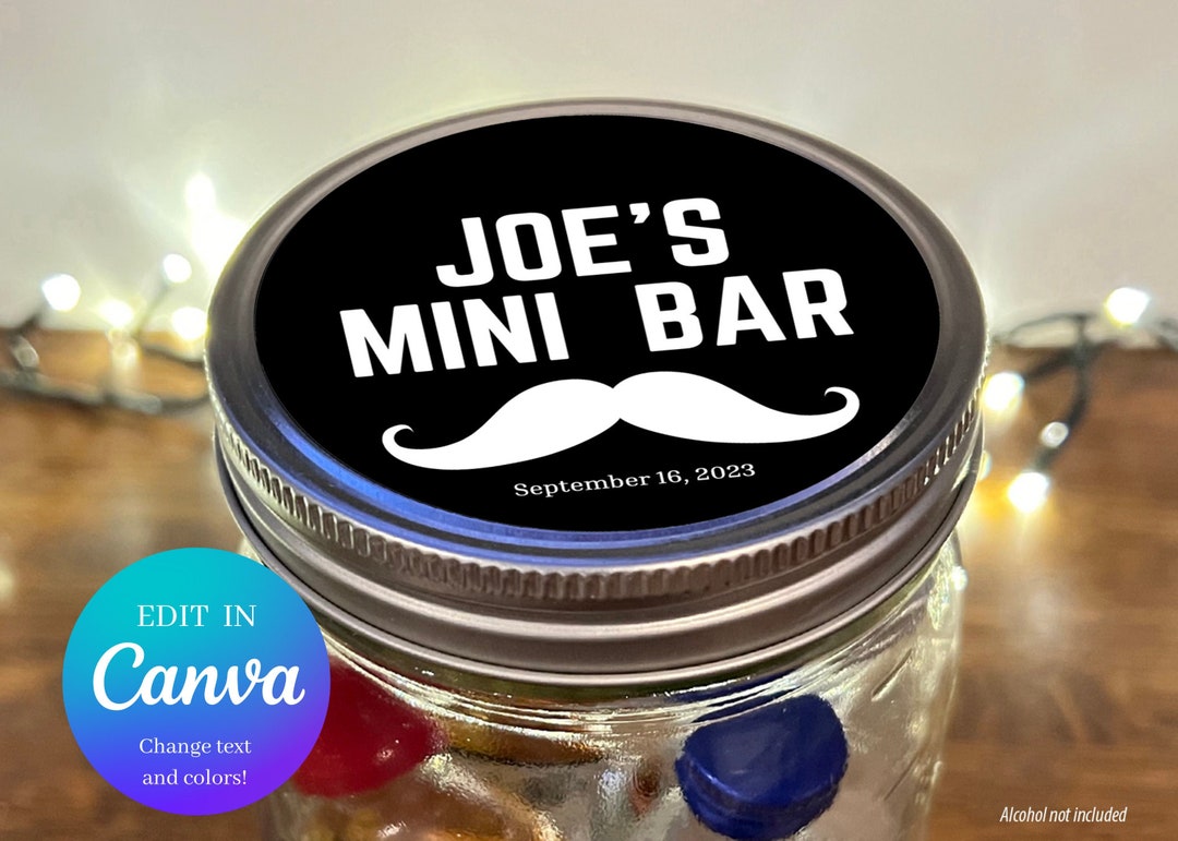 Mustache Mini Bar in a Jar Canva Template, Printable Editable Label