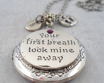 New Baby Locket Your First Breath Took Mine Away Personalized w-Letter Charm & Swarovski Birthstone, New Mom Gift, New Grandma, Godmother