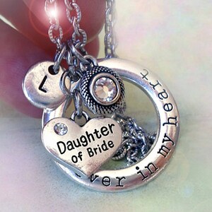 Collar para la hija de la novia, por siempre en mi corazón, dije personalizado con la letra w y cristal de piedra de nacimiento brillante de su elección, ¡hecho con amor!