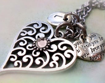 June Birthstone Necklace, Filigree Heart w-Letter & Heart Charms, June Birthday Gift, Sparkling Alexandrite Crystal, Handcrafted with Love!