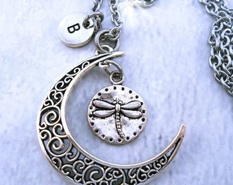 Cool Dragonfly Necklace, Filigree Crescent Moon w-Letter Charm of Your Choice, Dragonfly Lover Gift, Dragonfly Necklace, Birthday Gift