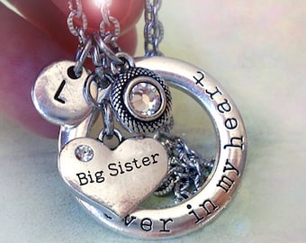 Big Sister Necklace, Forever in My Heart w-Letter Charm & Birthstone Crystal, Big Sister Graduation Gift, Big Sister Birthday