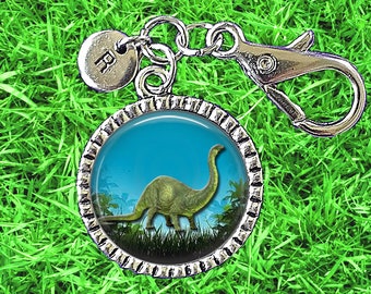 Diplodocus Zipper Pull w-Letter Charm, Dinosaur Backpack Clip, I Love Dinosaurs, Birthday Gift, Party Favor, Kids Gift, Girls Gift Boys Gift