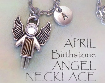 April Angel Birthstone Necklace w-Letter Charm, Clear Sparkling Birthstone Crystal, Birthday Gift, April Birthday Gift, April Birthstone