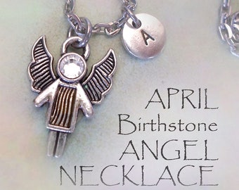 April Angel Birthstone Necklace w-Letter Charm, Clear Swarovski Birthstone Crystal, Birthday Gift, April Birthday Gift, April Birthstone