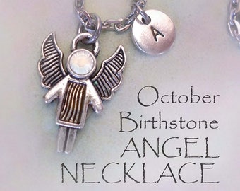 October Angel Birthstone Necklace W-letter Charm & Sparkling Rose