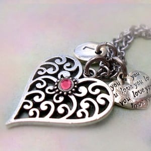 July Birthstone Necklace, Filigree Heart w-Letter & Heart Charms, July Birthday Gift, Ruby Crystal, Sweet Birthday Gift