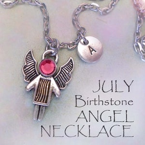 Collana con pietra portafortuna dell'angelo di luglio con ciondolo a forma di lettera e cristallo scintillante con pietra portafortuna color rubino, regalo di compleanno di luglio, pietra portafortuna di luglio, realizzata a mano con amore!