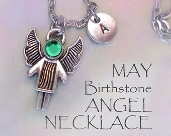 May Angel Birthstone Necklace w-Letter Charm, Emerald Birthstone Crystal, May Birthday Gift, May Birthstone Necklace