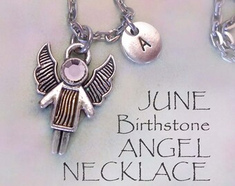 June Angel Birthstone Necklace w-Letter Charm, Sparkling Alexandrite Birthstone Crystal, Birthday Gift, June Birthday Gift, June Birthstone