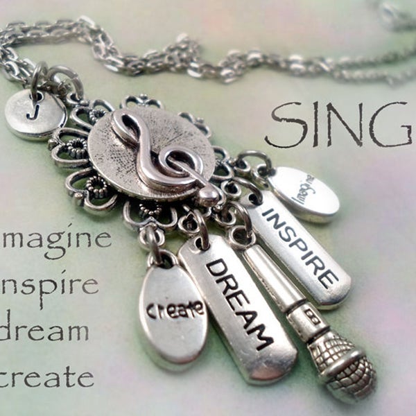 Singer Necklace w-Letter Charm of Your Choice, Birthday Gift, Singer Gift, I Love to Sing! DJ, Dream Inspire Create Imagine, Singer Gift