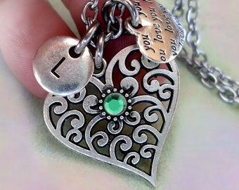 May Birthstone Necklace, Filigree Heart w-Letter & Heart Charms, May Birthday Gift, Emerald Crystal, Great Birthday Gift