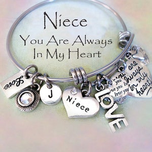 Pulsera para sobrina con cristal de piedra de nacimiento brillante y dije de letra a elegir. Siempre estarás en mi corazón, sobrina. Regalo especial para sobrina.