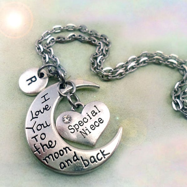 Special Niece I Luv You to the Moon and Back Special Niece Necklace Personalized w-Letter Charm, Niece Graduation Gift, Niece Birthday Gift