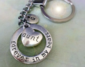 May include: Silver keychain with a heart charm that says "aunt" and a round charm that says "forever in my heart".