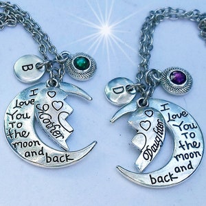 Set of 2 Mother Daughter I Luv You to the Moon and Back Half-Heart Necklaces w-Letter Charms & Birthstone Crystals, Mom Daughter G